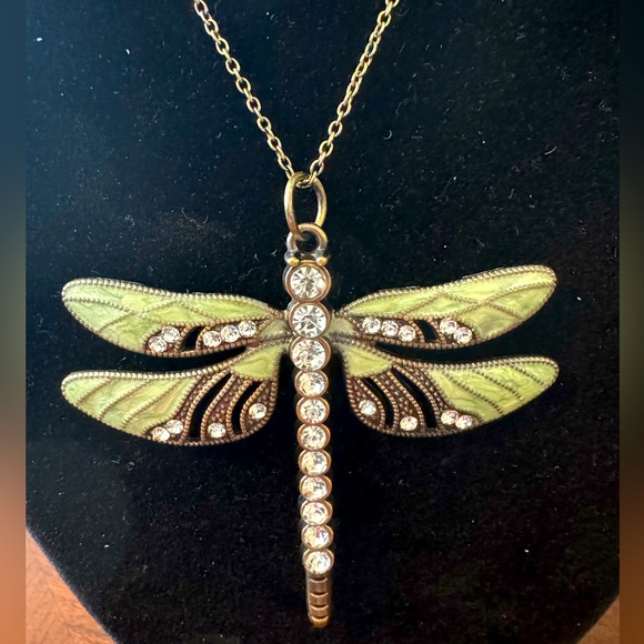 Vintage Jewelry - Rhinestone, Green Enamel Dragonfly Vintage Inspired, Antique gold tone necklace